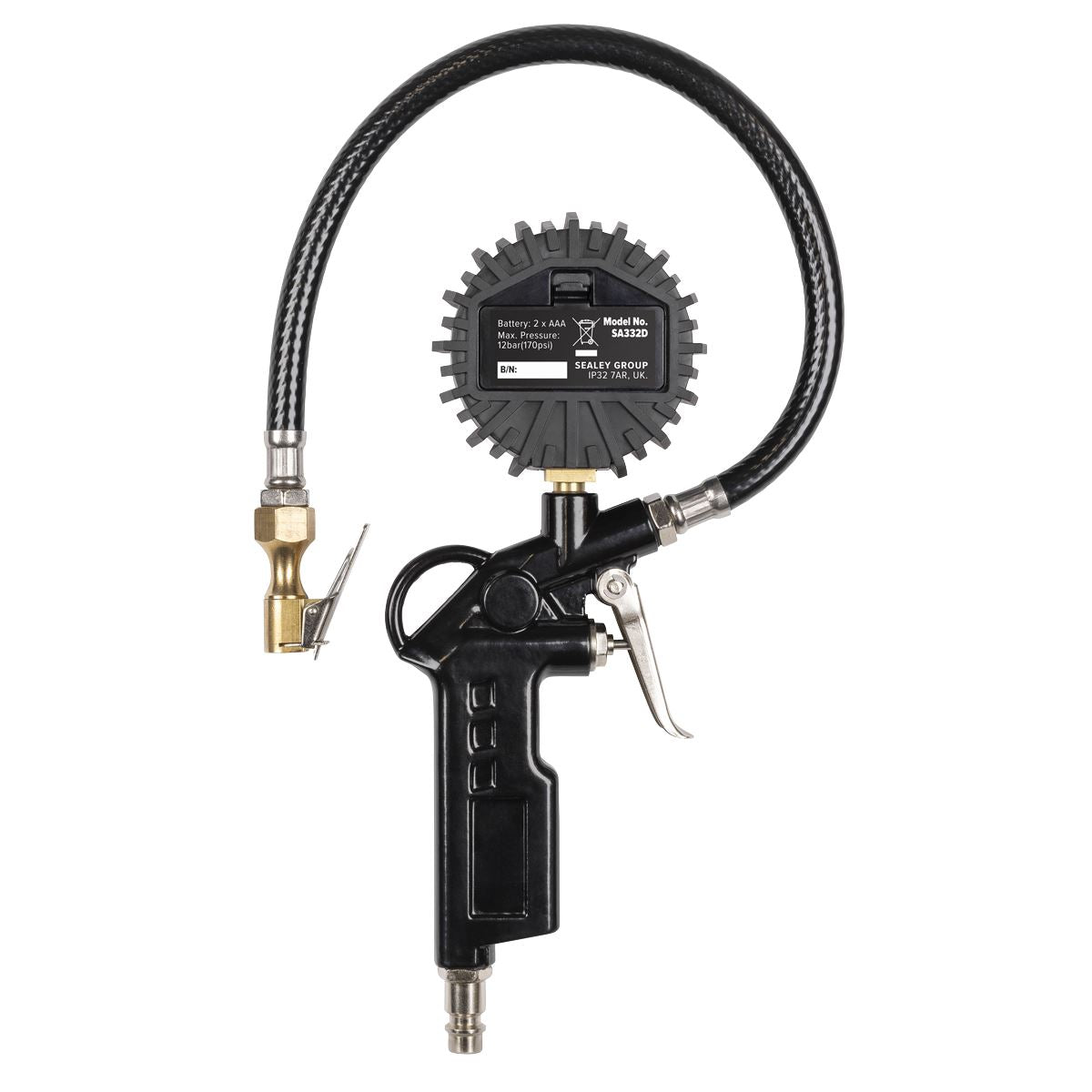 Sealey Digital Pistol Grip Tyre Inflator with Clip-On Connector  White Rose Tools