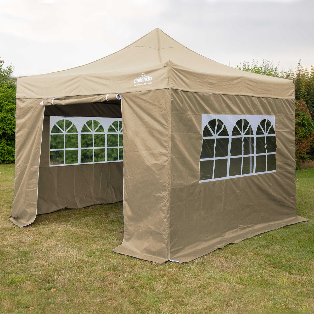Dellonda Premium 2x2m Pop-Up Gazebo & Side Walls, PVC Coated, Water Resistant Fabric, Supplied with Carry Bag, Rope, Stakes & Weight Bags - Beige