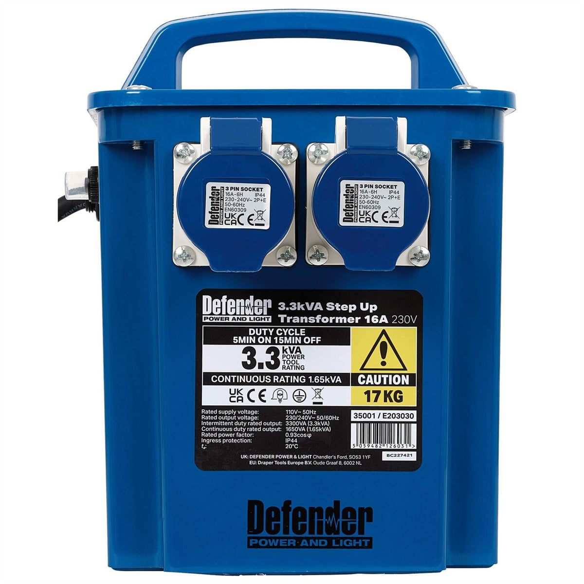 Defender E203030 3.3kVA 230V Step Up Transformer 16A 35001  White Rose Tools