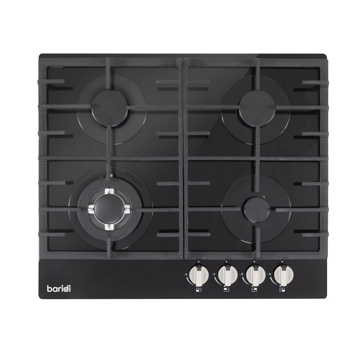 Baridi 60cm Gas on Glass Hob, 4 Burner and Cast Iron Pan Supports, Black Glass