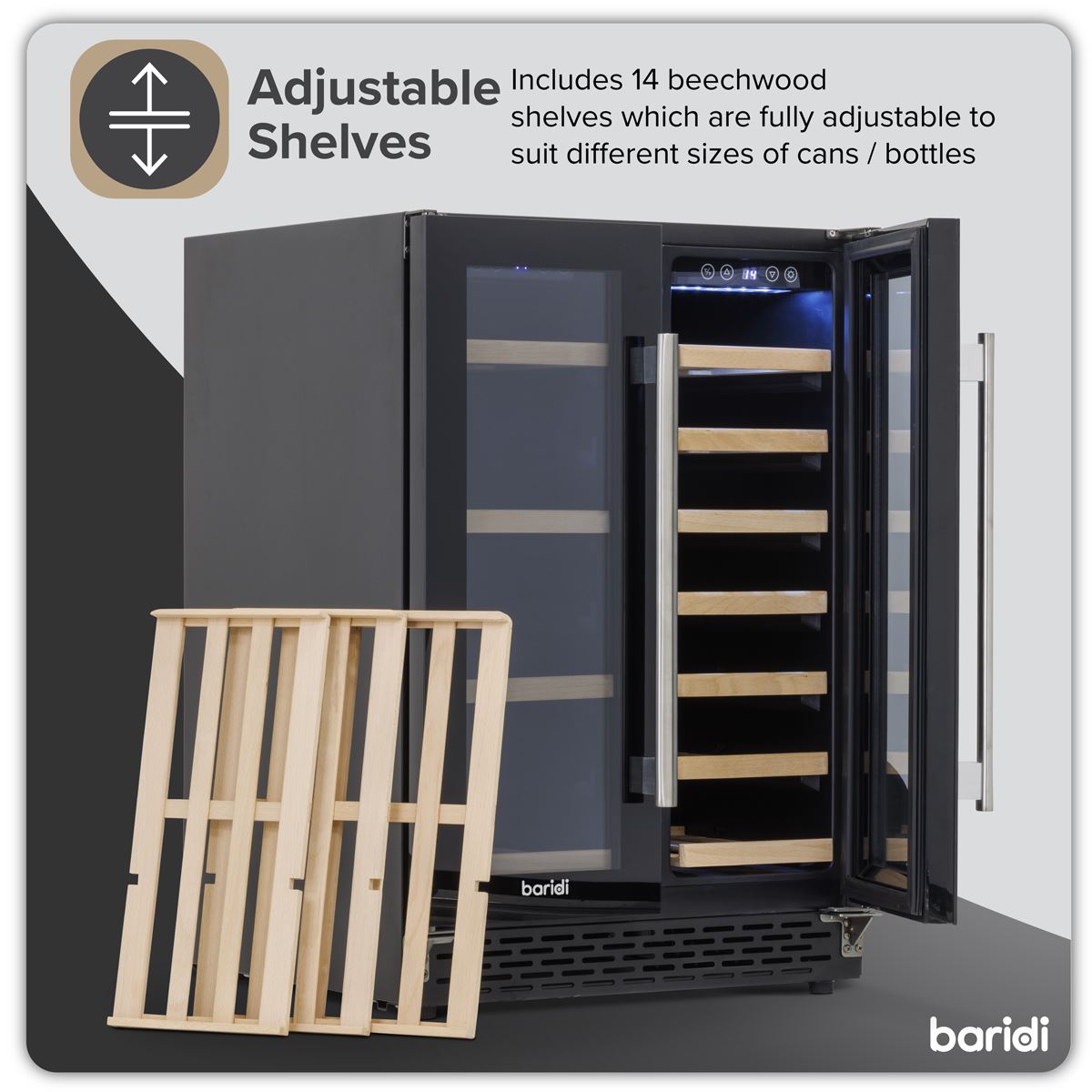 Baridi 60cm Dual Zone Wine Cooler and Drinks Fridge 40 Bottle/120 Can Built-In Under Counter/Freestanding Glass Fronted Bar Drinks Fridge Chiller