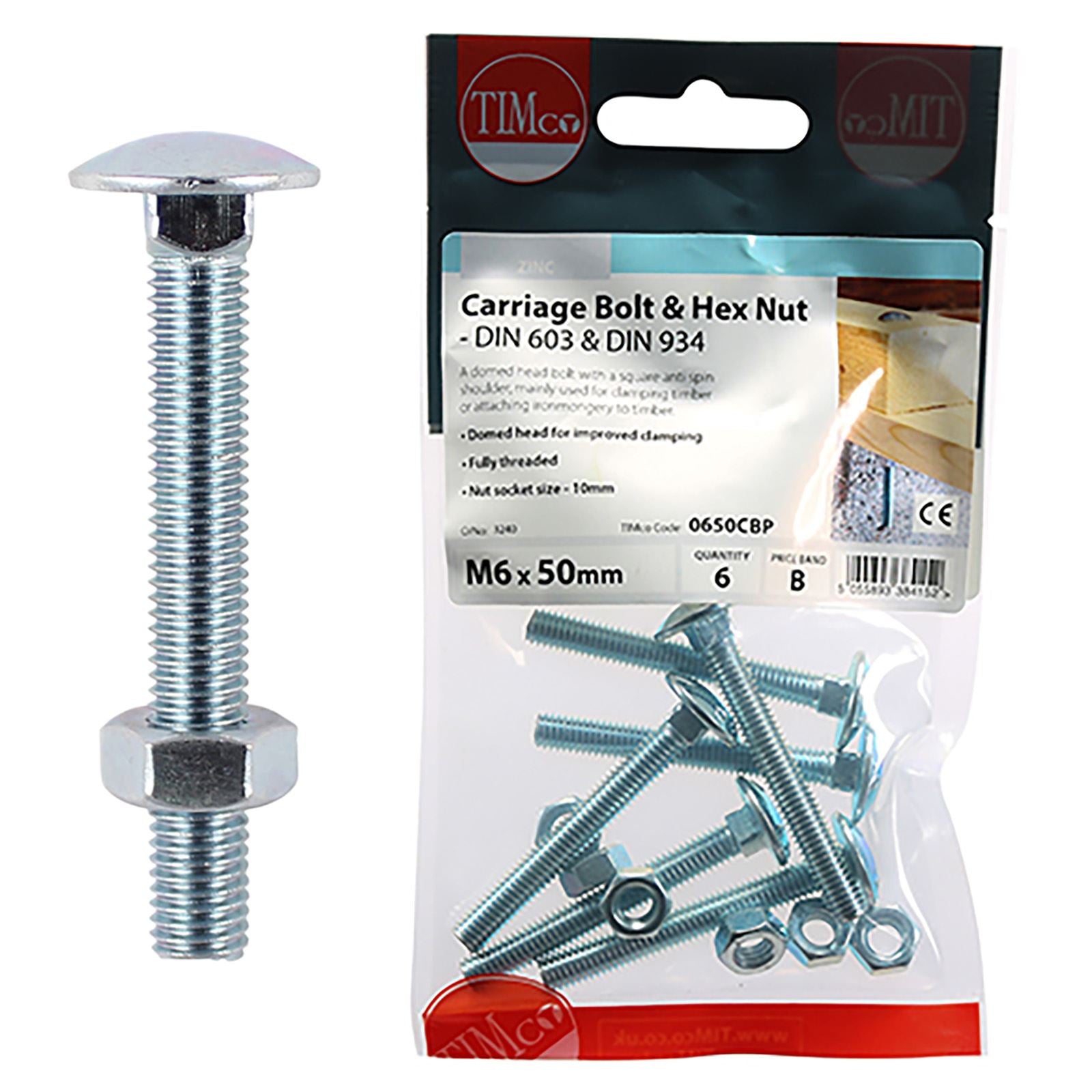 TIMCO Carriage Bolts with Hex Nuts 4.8 Grade Zinc Carbon Steel TIMpac M6-M12 - Choose Size