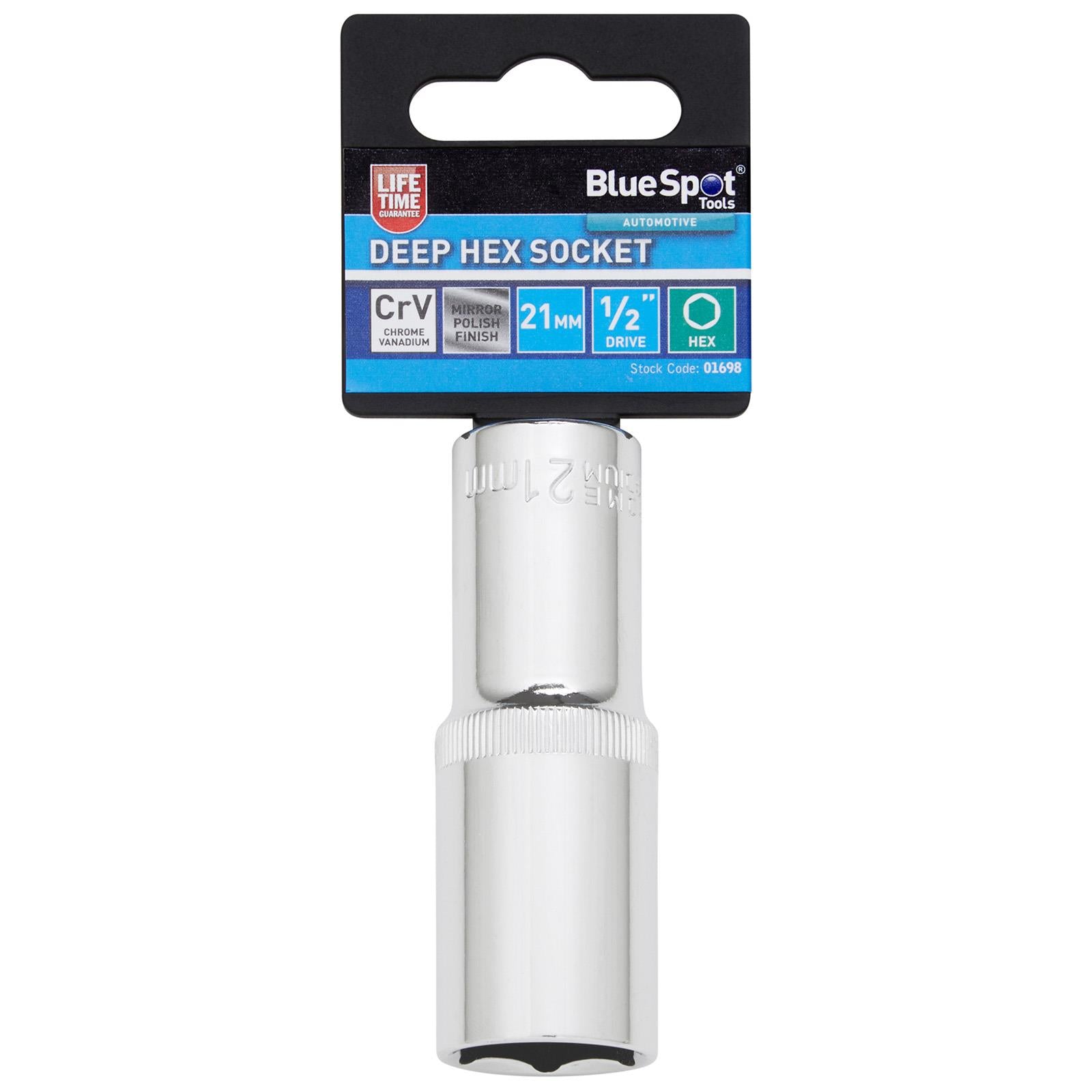 BlueSpot Deep Socket 1/2" Drive 6 Point Hex Chrome Individual 8-32mm - Choose Size  White Rose Tools