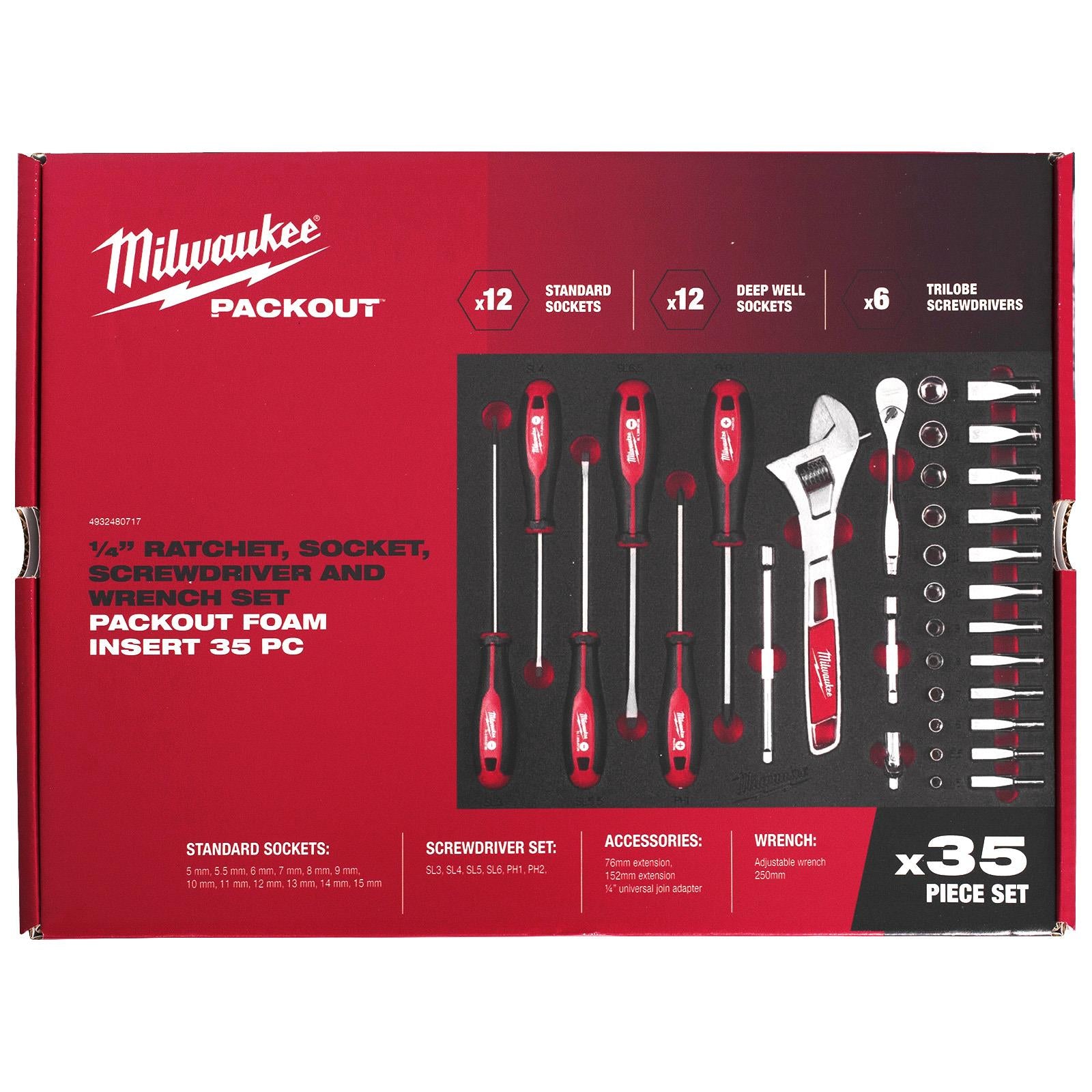 Milwaukee Ratchet and Socket 1/4" Drive Screwdriver Wrench Set Packout Drawer Foam Insert 35 Piece