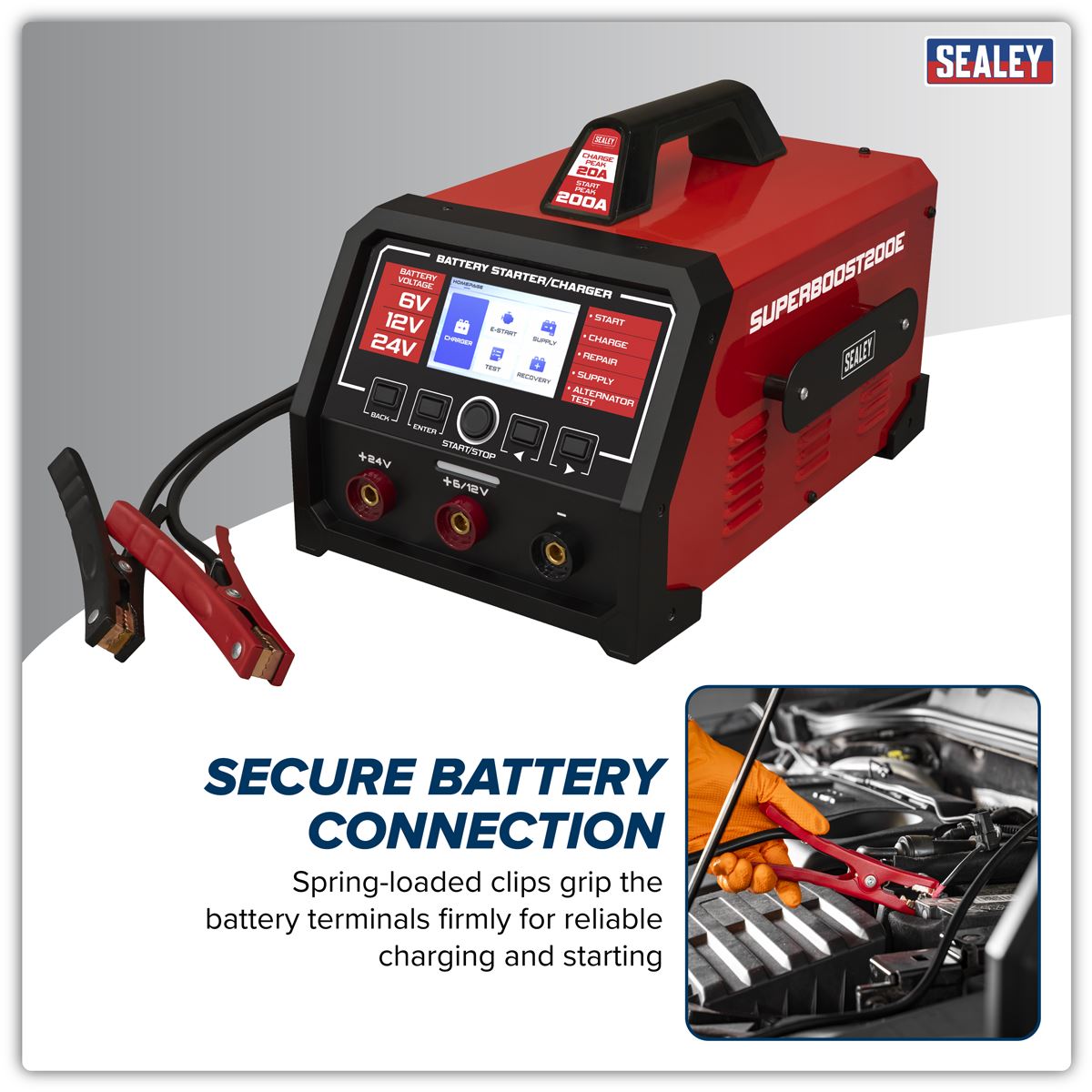 Sealey 6/12/24V Battery Starter/Charger 200A/230V  White Rose Tools