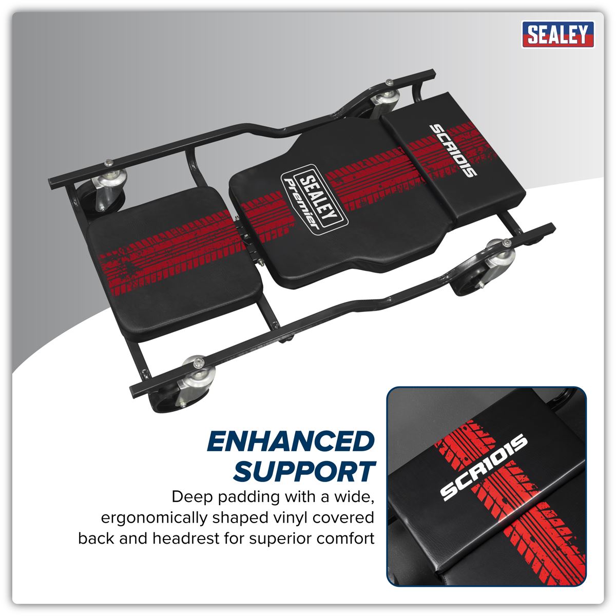 Sealey Steel Creeper with 4 Rough Ground 5" Wheels & Adjustable Back/Headrest