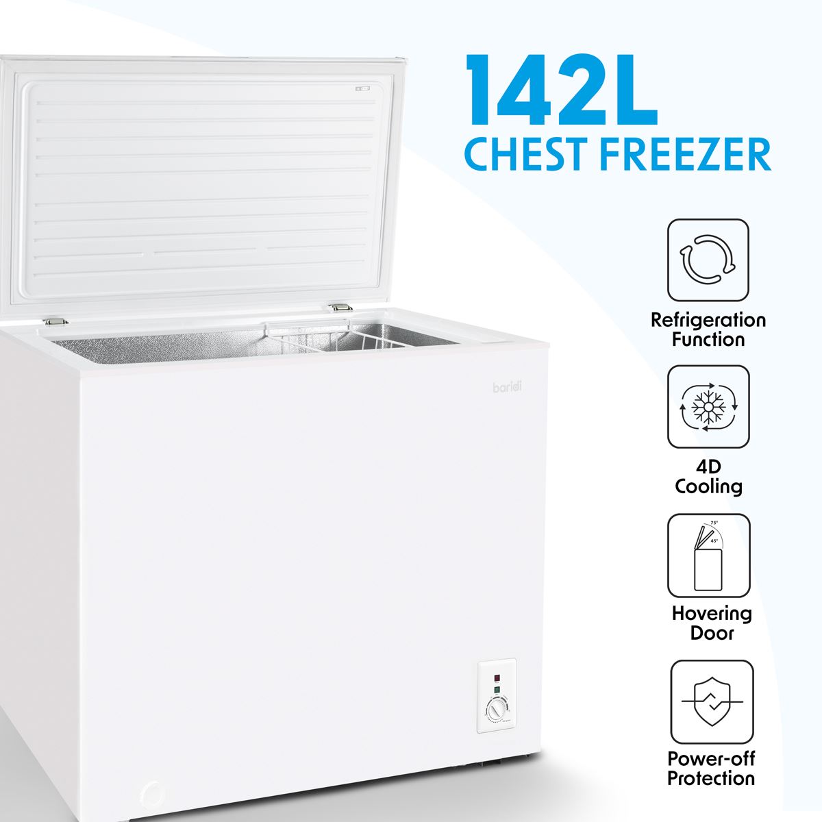 Baridi Freestanding Chest Freezer, 142L Capacity, Garages and Outbuilding Safe, -12 to -24°C Adjustable Thermostat with Refrigeration Mode, White