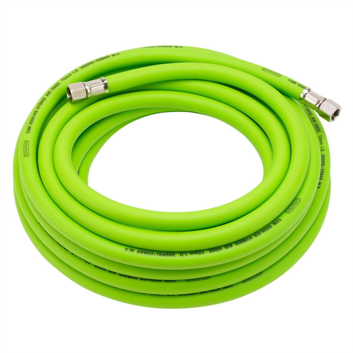 Draper High Visibility Hybrid Air Hose 10m x 10mm 1/4" BSP Green 31729  White Rose Tools