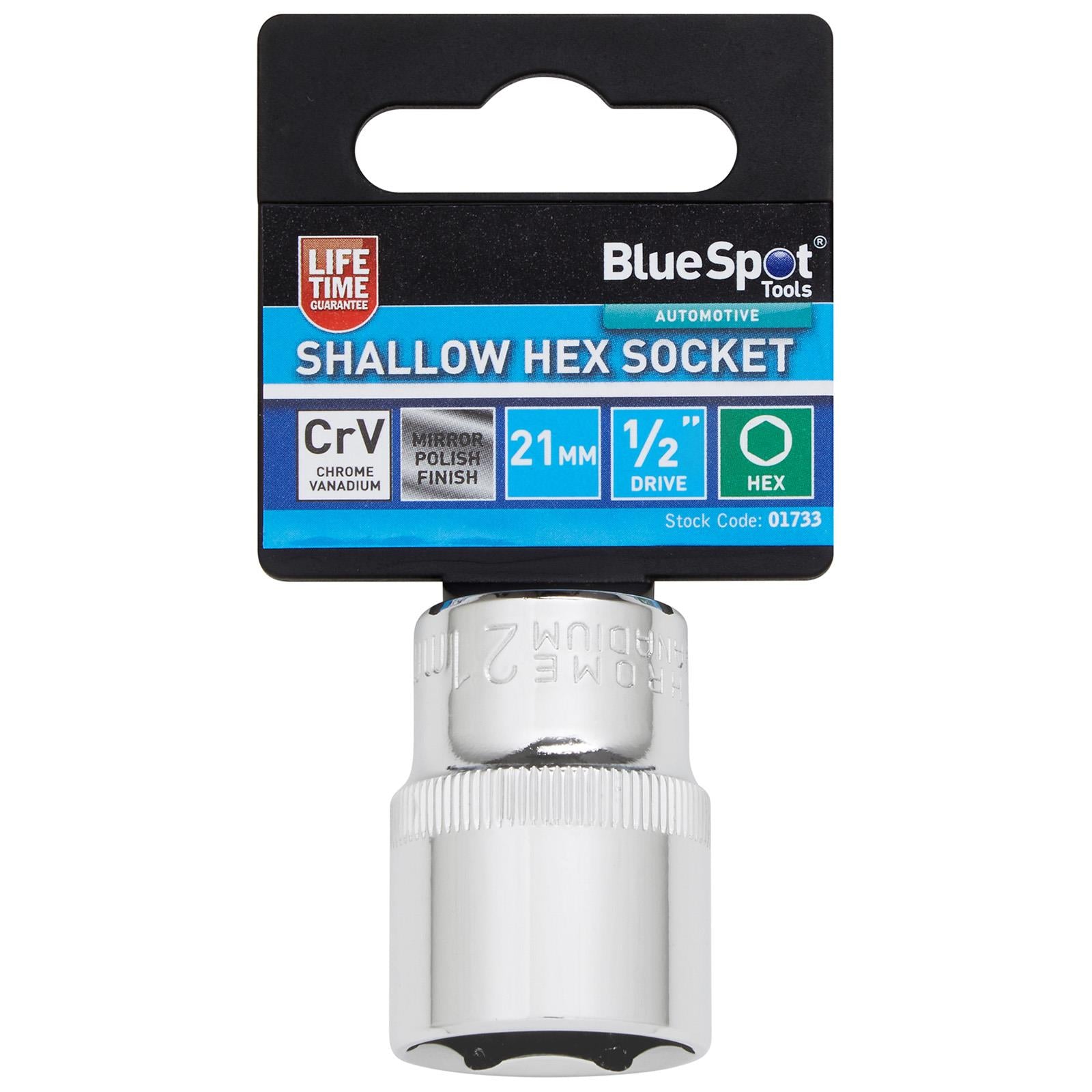 BlueSpot Shallow Socket 1/2" Drive 6 Point Hex Chrome Individual 8-32mm - Choose Size  White Rose Tools