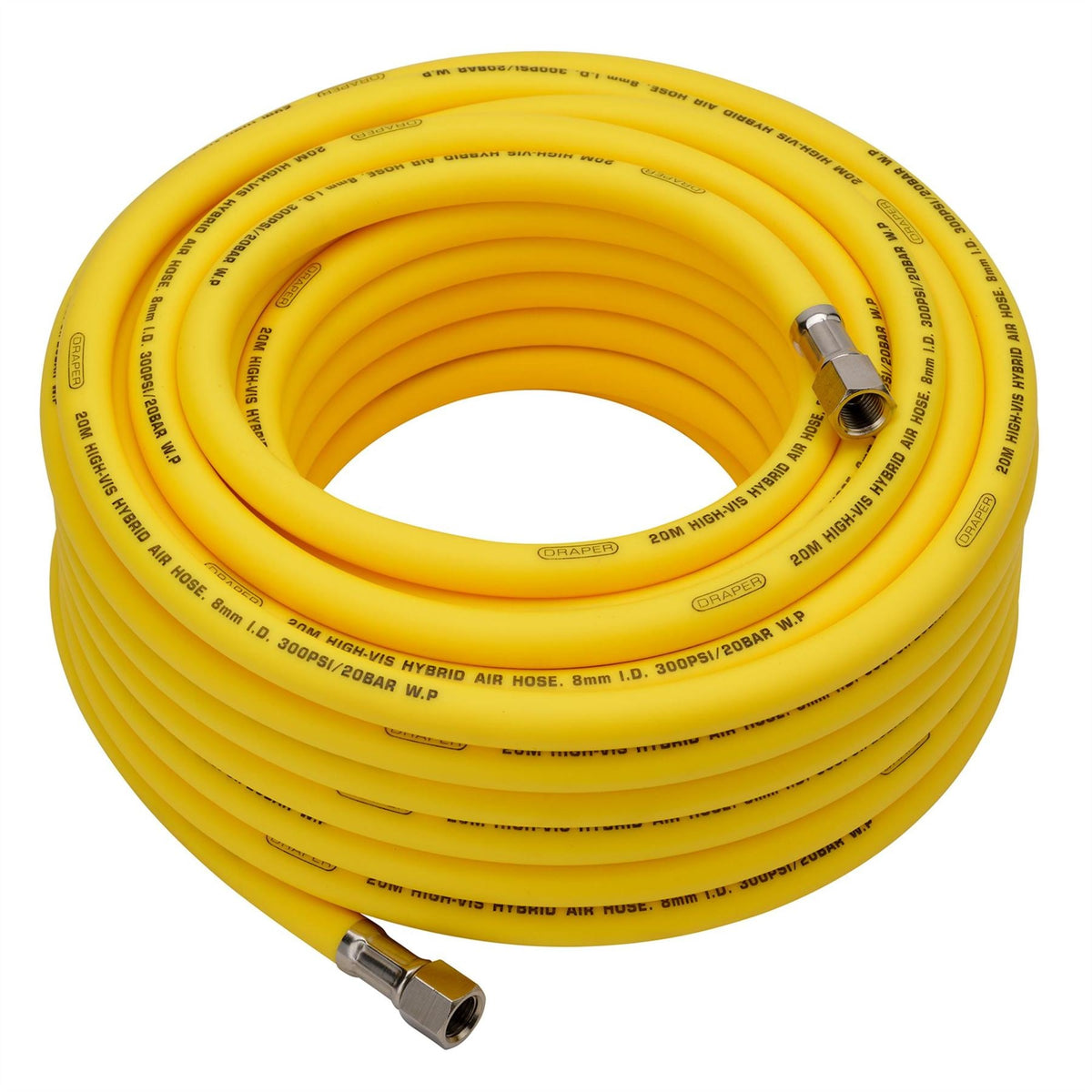 Draper High Visibility Hybrid Air Hose 20m x 8mm 1/4" BSP Yellow 31736  White Rose Tools
