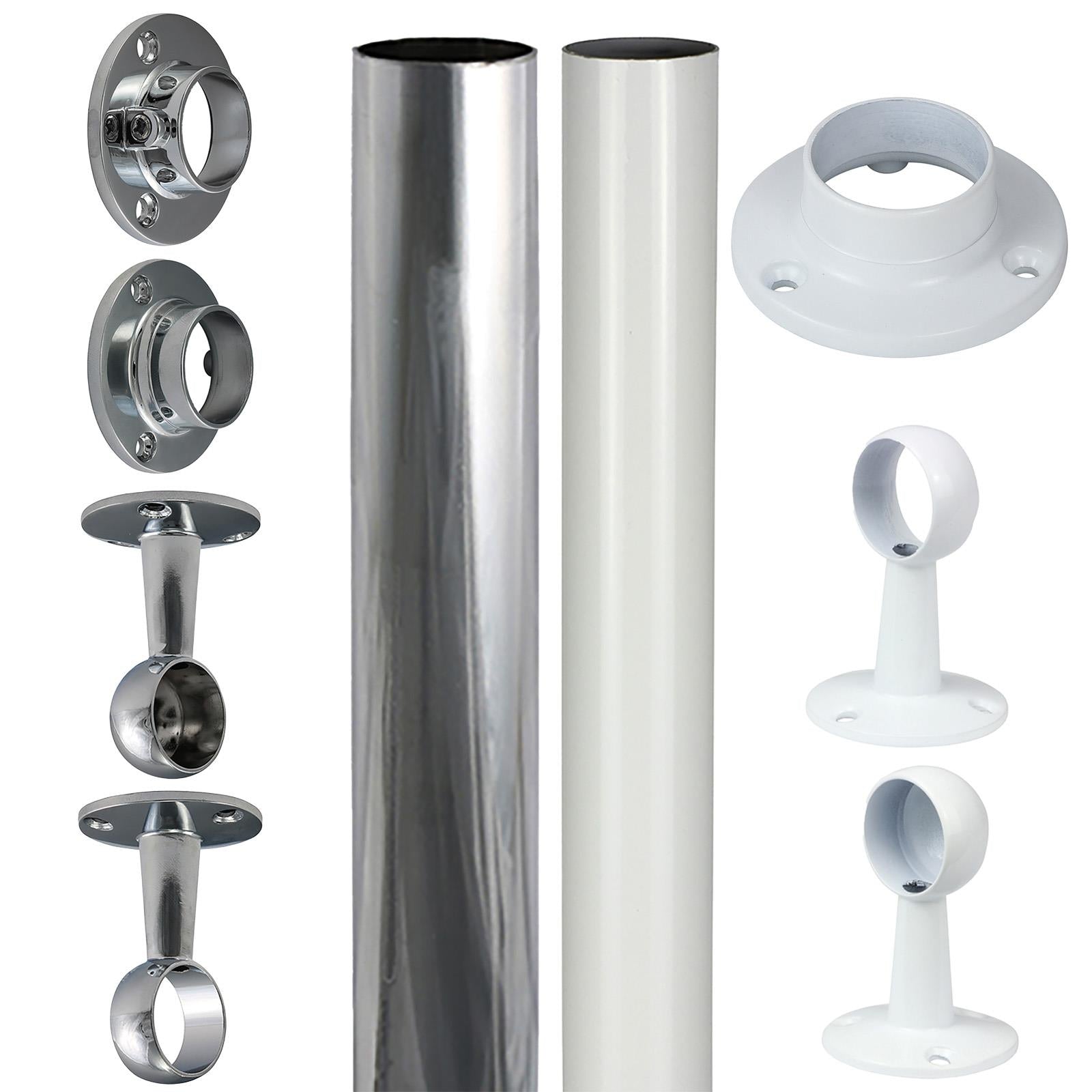 TIMCO Round Wardrobe Rail 25mm Diameter End Sockets Brackets Polished Chrome or White - Choose Length