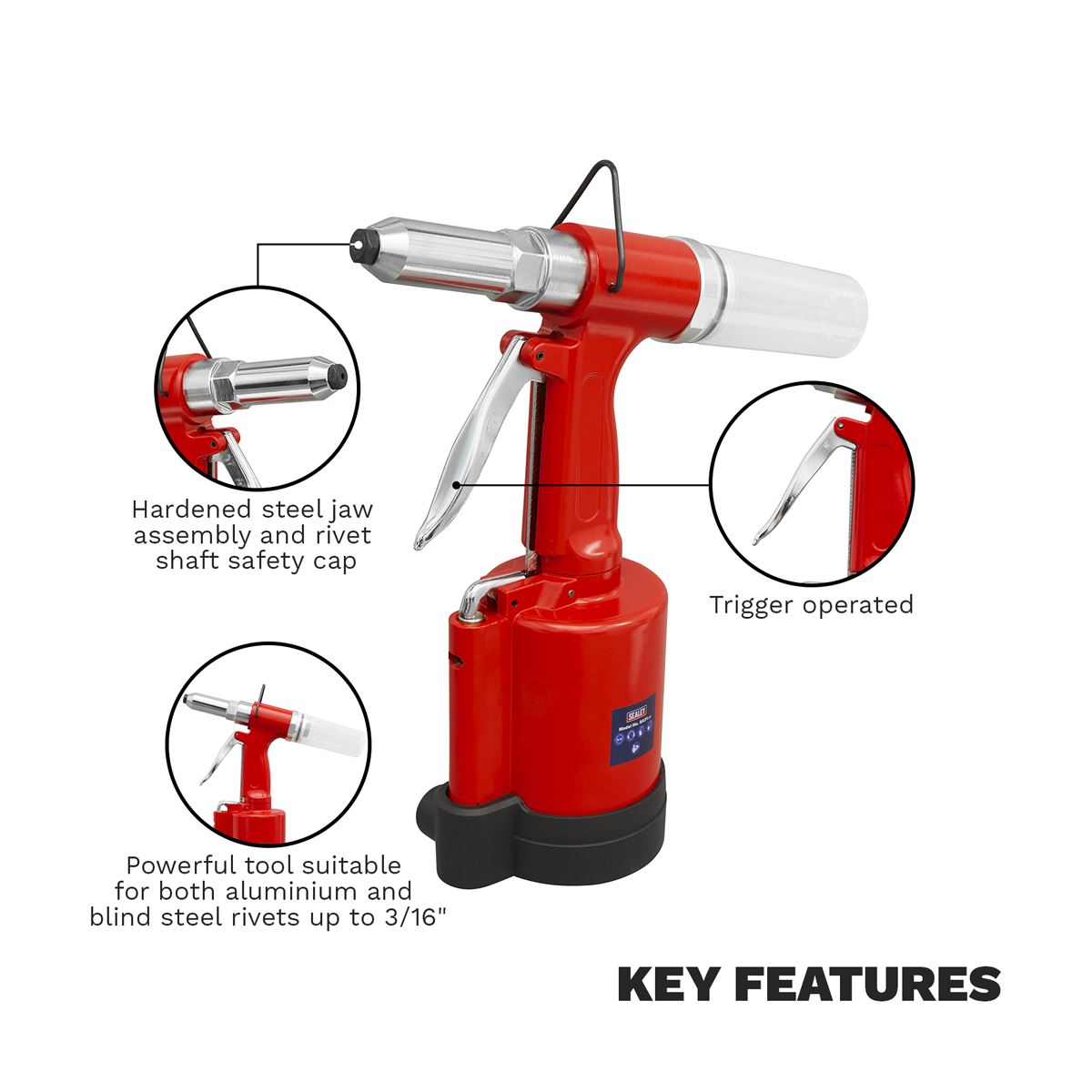 Sealey Air/Hydraulic Riveter 3/16" Steel Aluminium & Stainless Steel Rivets