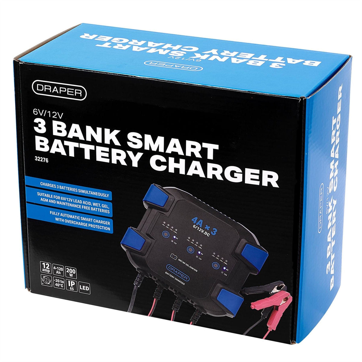 Draper 3 Bank 6/12V Smart Charger 12A (3x4A) 32276  White Rose Tools