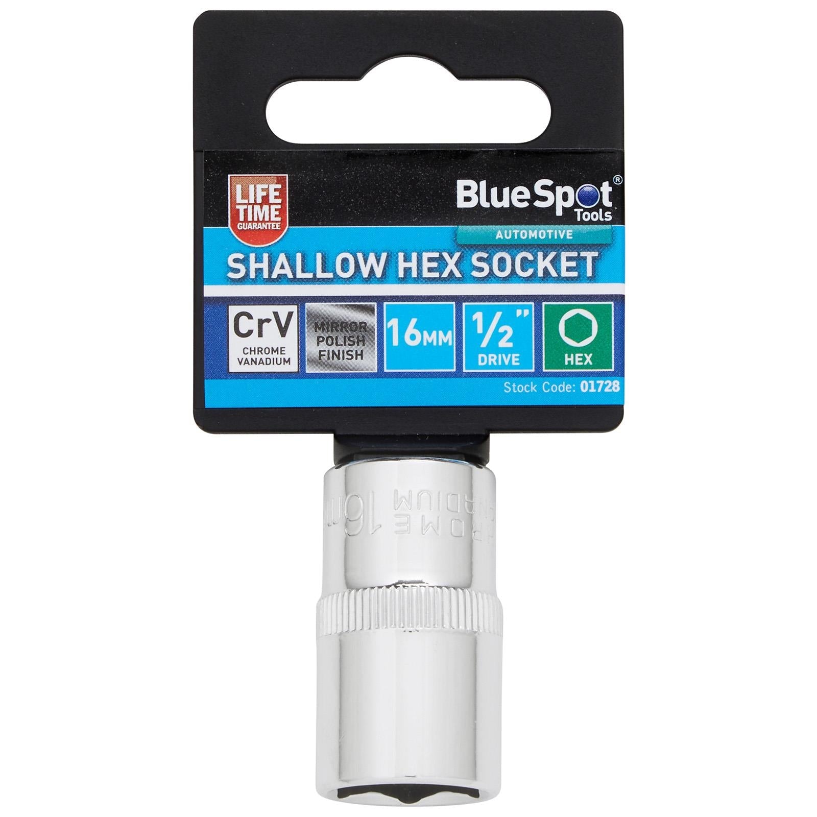 BlueSpot Shallow Socket 1/2" Drive 6 Point Hex Chrome Individual 8-32mm - Choose Size  White Rose Tools