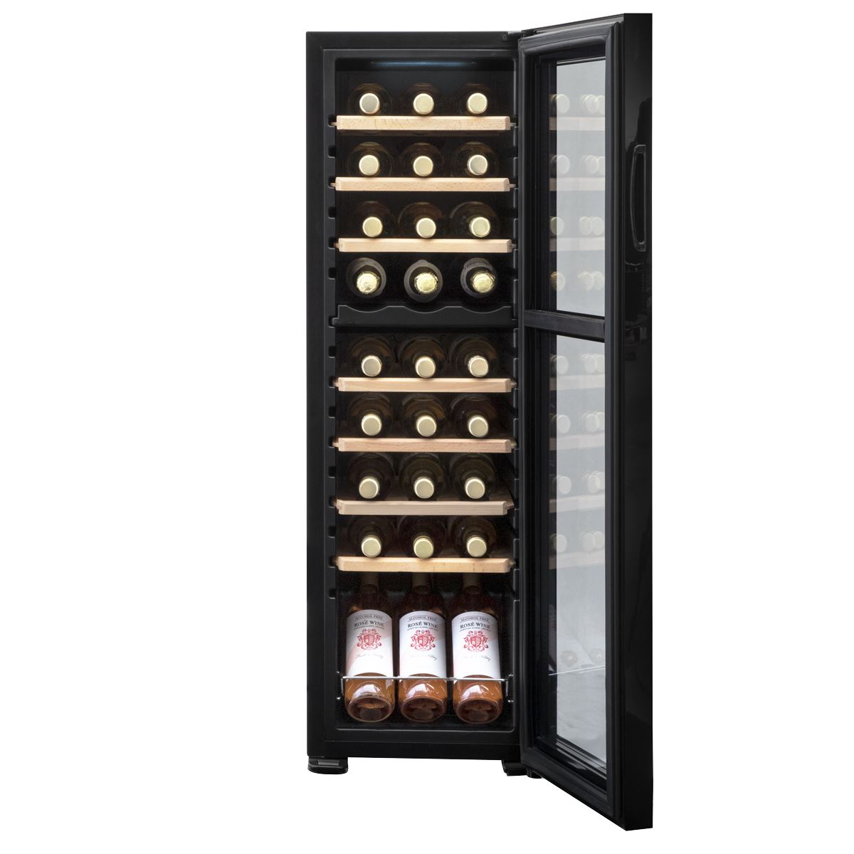 Baridi 27 Bottle Dual Zone Wine Cooler, Fridge with Digital Touchscreen Controls, Wooden Shelves & LED Light, Black