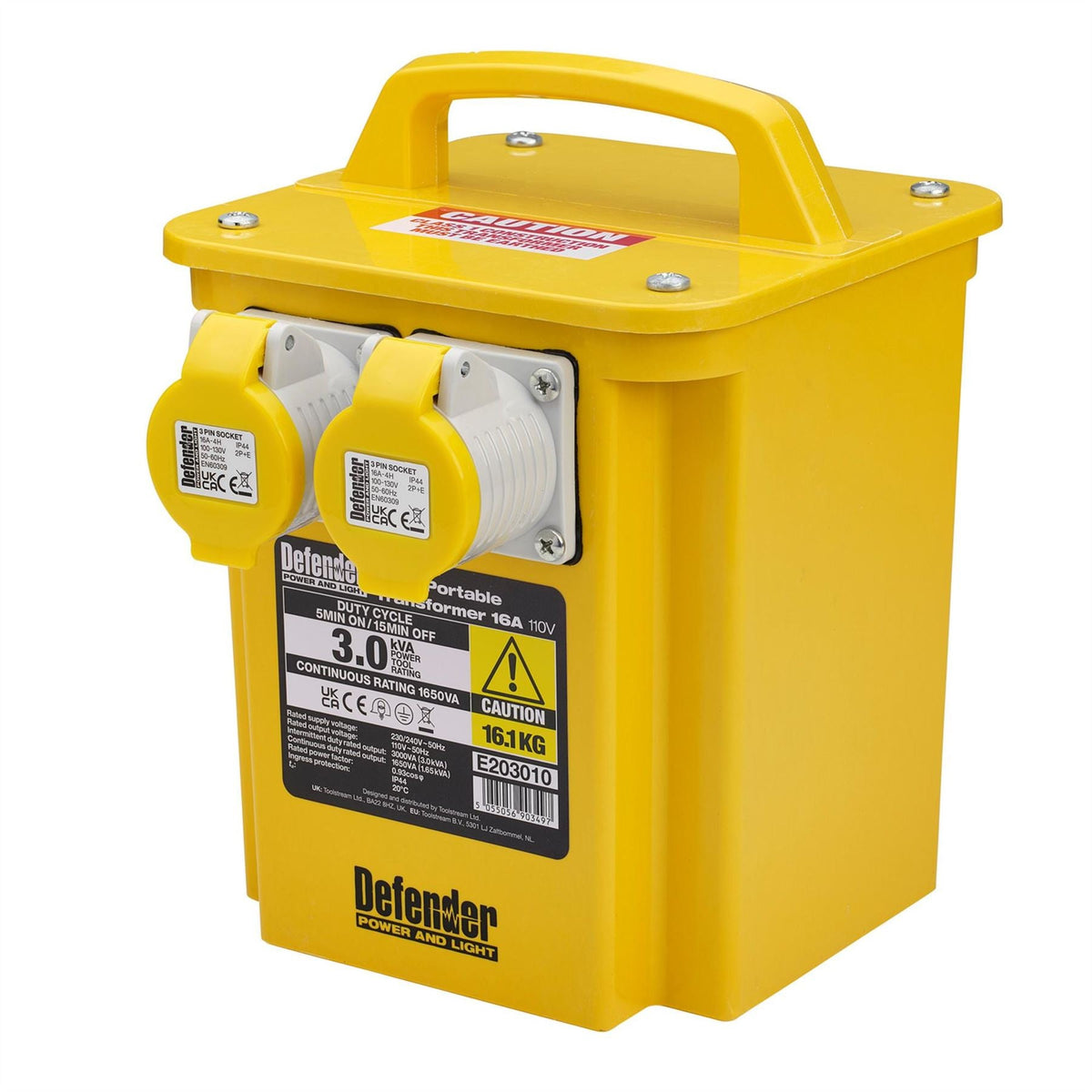Defender E203010 110V 3kVA Portable Transformer 16A 35022  White Rose Tools