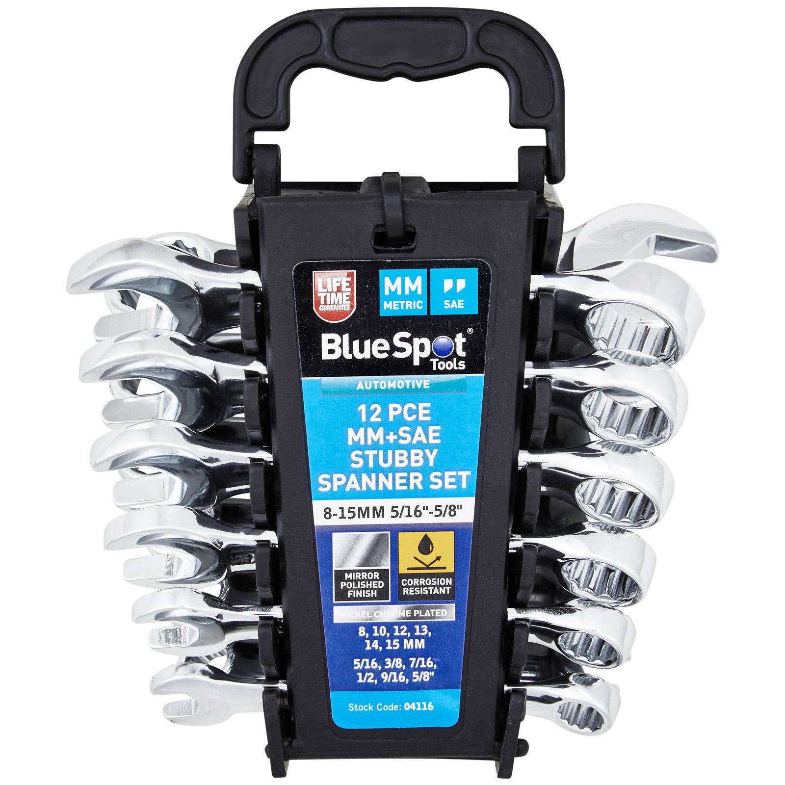 BlueSpot Stubby Combination Spanner Set Metric Imperial 8-15mm 5/16"-5/8" 12 Piece