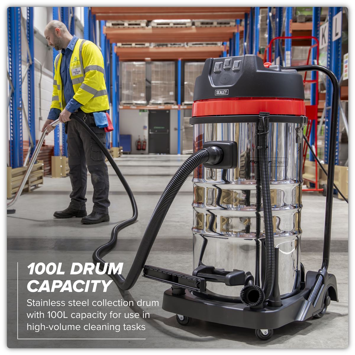 Sealey 100L Vacuum Cleaner Wet & Dry with Stainless Steel Drum 3000W/230V
