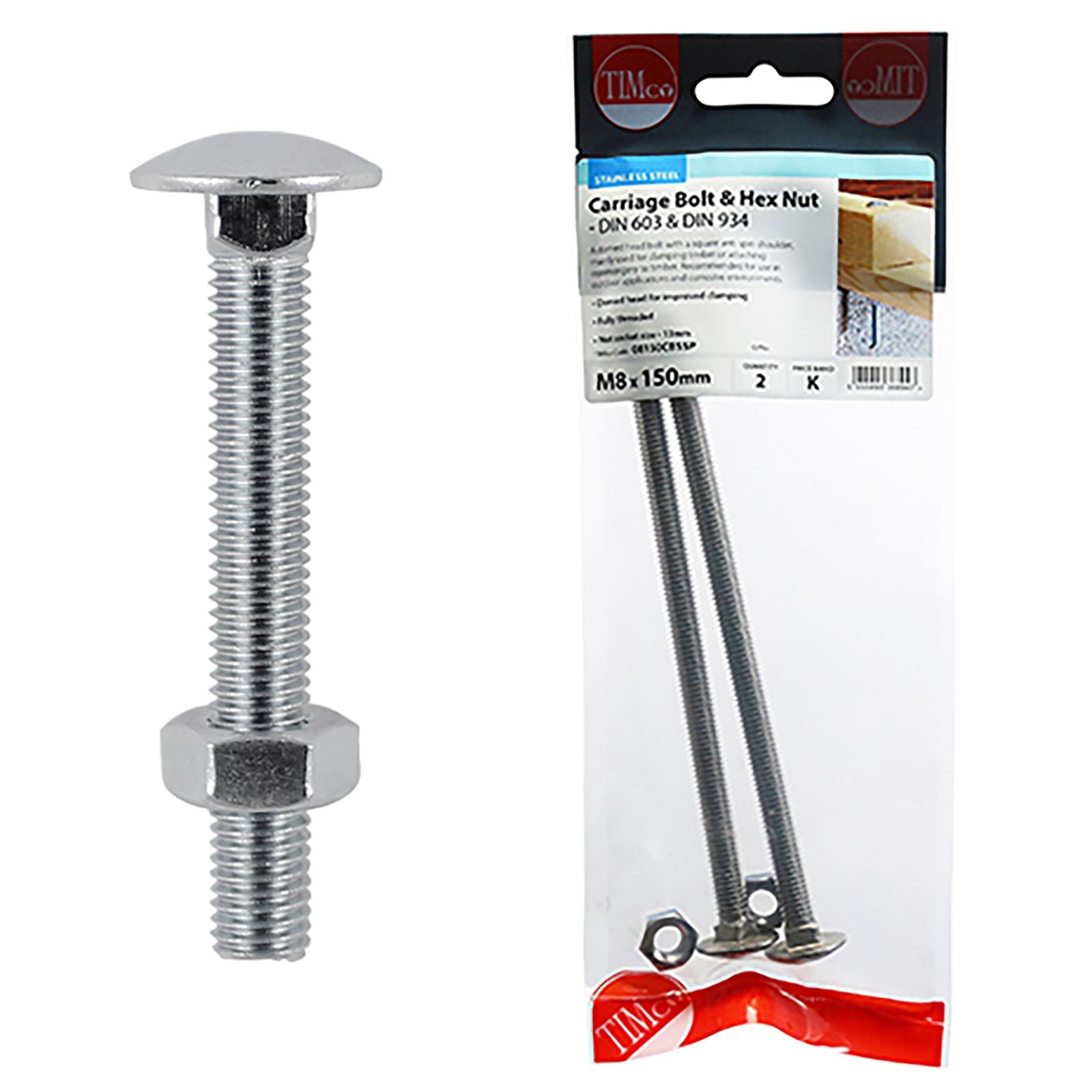 TIMCO Carriage Bolts with Hex Nuts A2 Austenitic Stainless Steel TIMpac M8-M12 - Choose Size