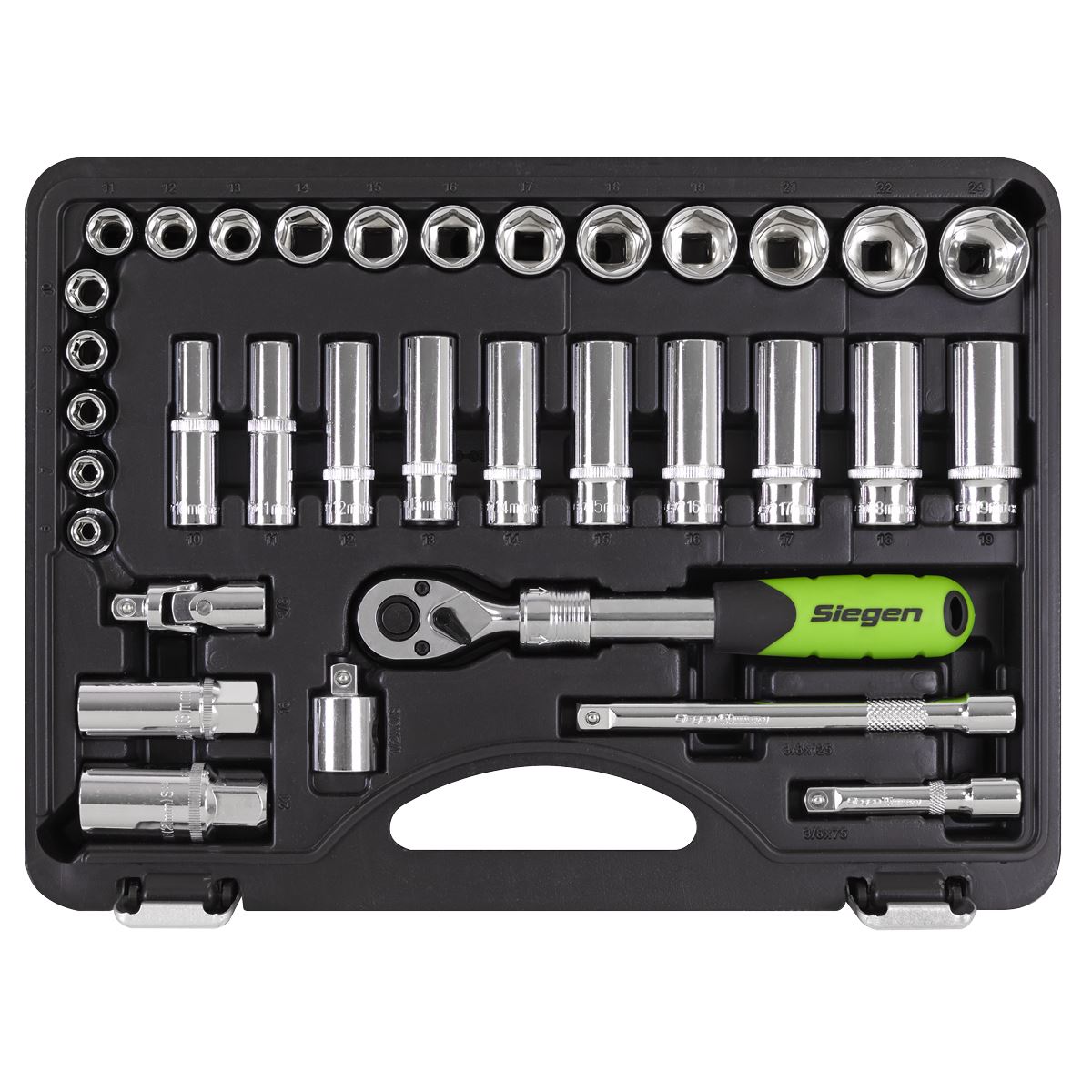 Siegen by Sealey Socket Set Extendable Ratchet 3/8"Sq Drive 34pc  White Rose Tools