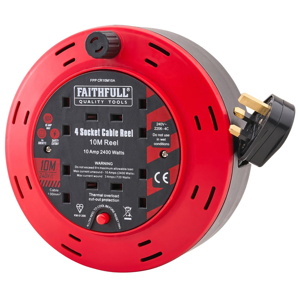 Faithfull Cable Reel Extension Lead 240V 10A 4-Socket 10m FPPCR10M10A  White Rose Tools