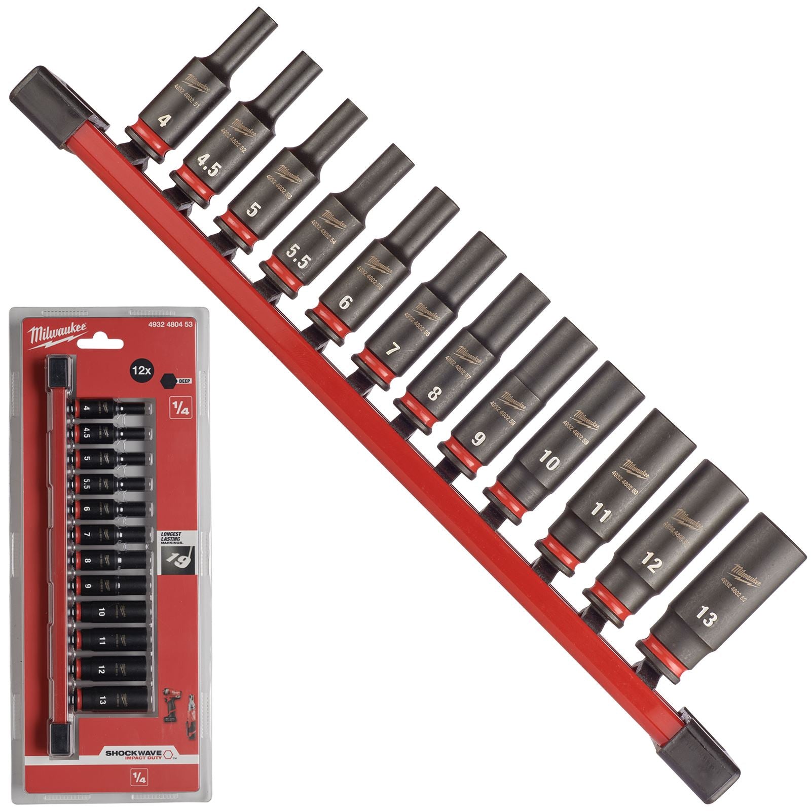 Milwaukee Impact Socket Set Deep on Socket Rail 1/4" Drive 12 Piece 4-13mm SHOCKWAVE 