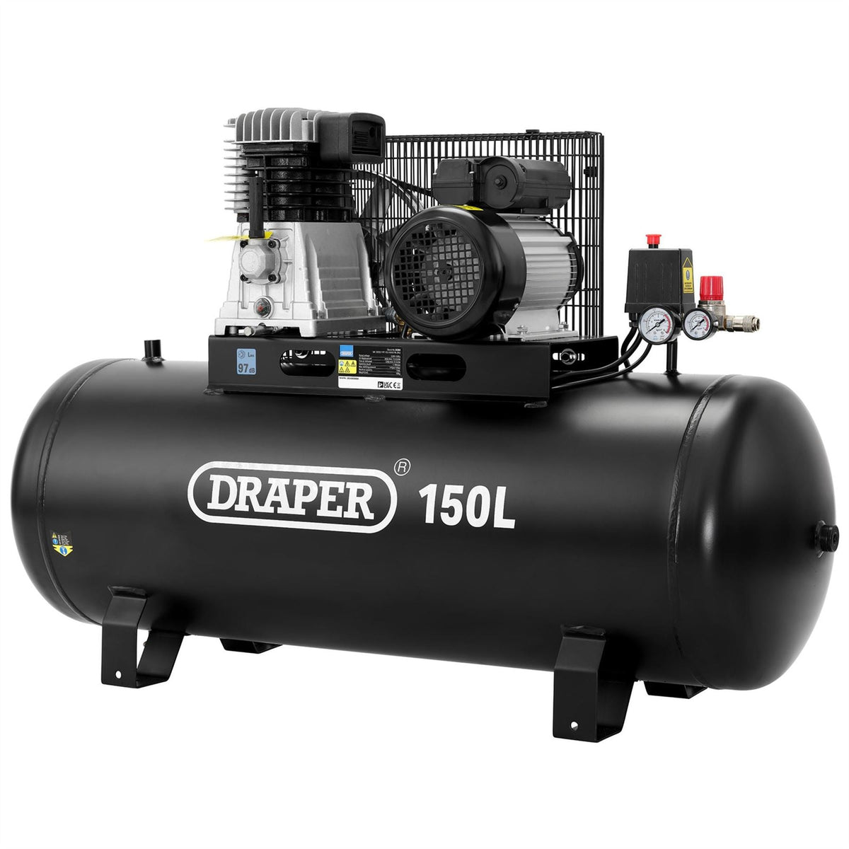 Draper 230V 150L Stationary Belt-Driven Air Compressor 2.2kW/3HP 55304  White Rose Tools