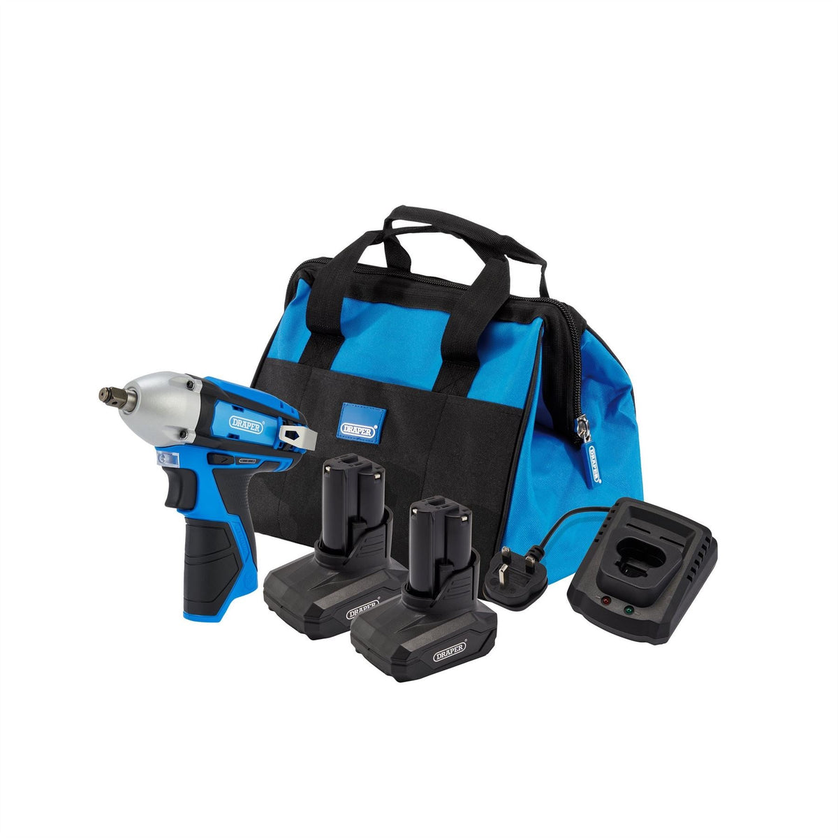 Draper 12V Impact Wrench Kit 2 x 4.0Ah 1 x Fast Charger 1 x Tool Bag 30604  White Rose Tools