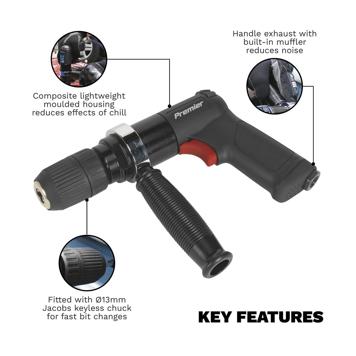 Sealey Premier Air Drill Ø13mm with Keyless Chuck Composite Reversible - Premier