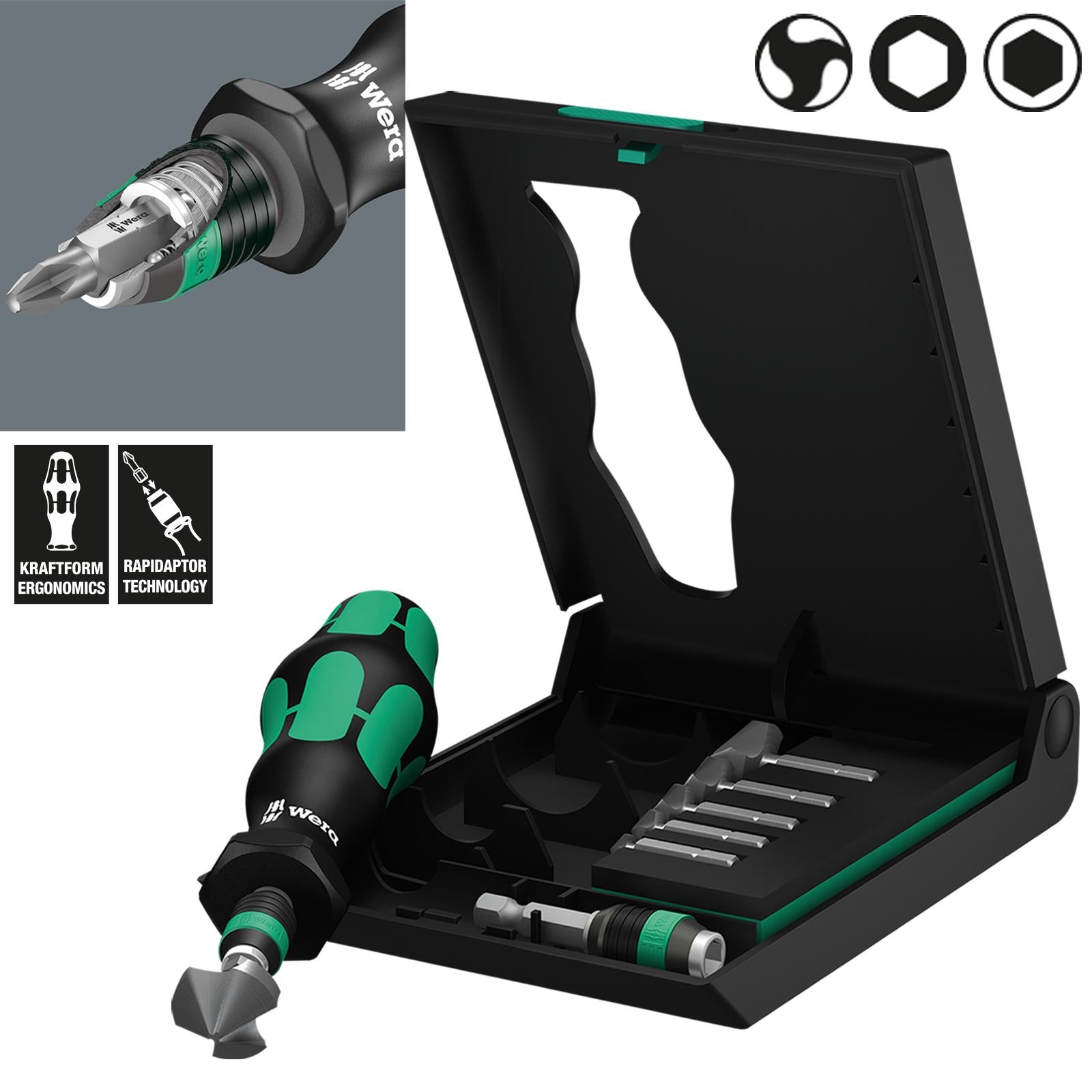 Wera Countersink Bit Set 1-Flute 8 Piece 845/8 with Screwdriver and Rapidaptor Bit Holder 