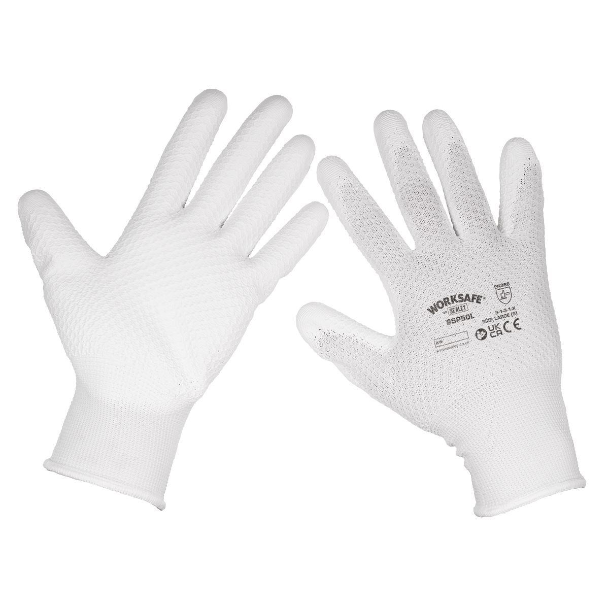 Worksafe by Sealey White Precision Grip Gloves - (Large) - Pack of 6 Pairs