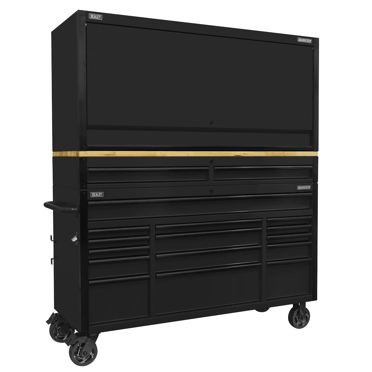 Sealey Superline Pro Superline PRO® Black Edition Mobile Trolley with Wooden Worktop 15 Drawer, Hutch & 2 Drawer Riser 1549mm