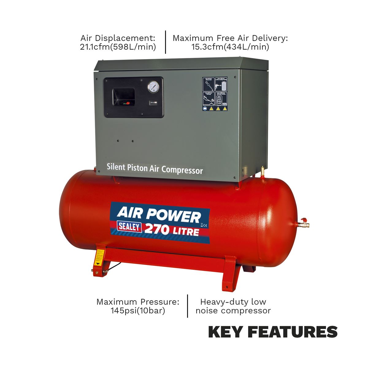 Sealey 270L Low Noise Belt Drive Air Compressor with Cast Cylinders 5.5hp 3ph 2-Stage 