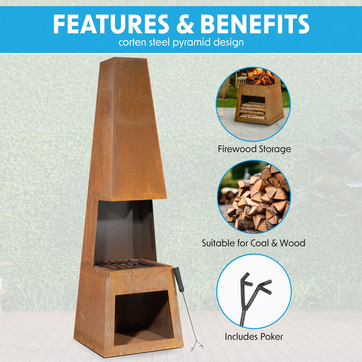 Dellonda Outdoor Chiminea Fireplace Heater Firewood Storage - Corten Steel