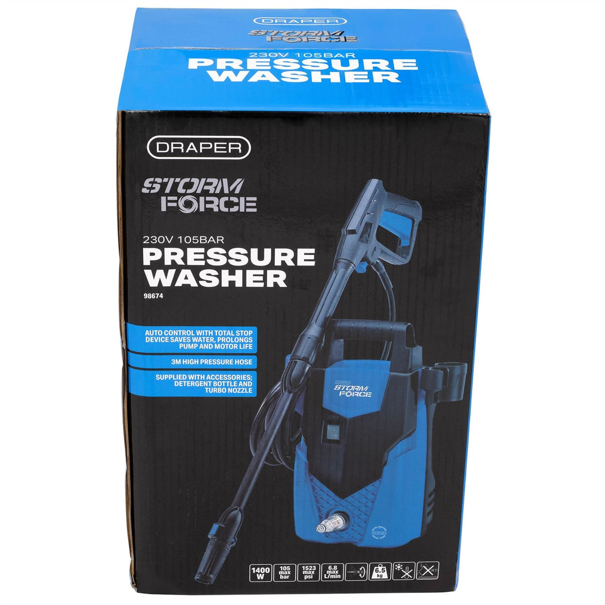 Draper Storm Force 230V Pressure Washer 1400W 105bar 98674  White Rose Tools