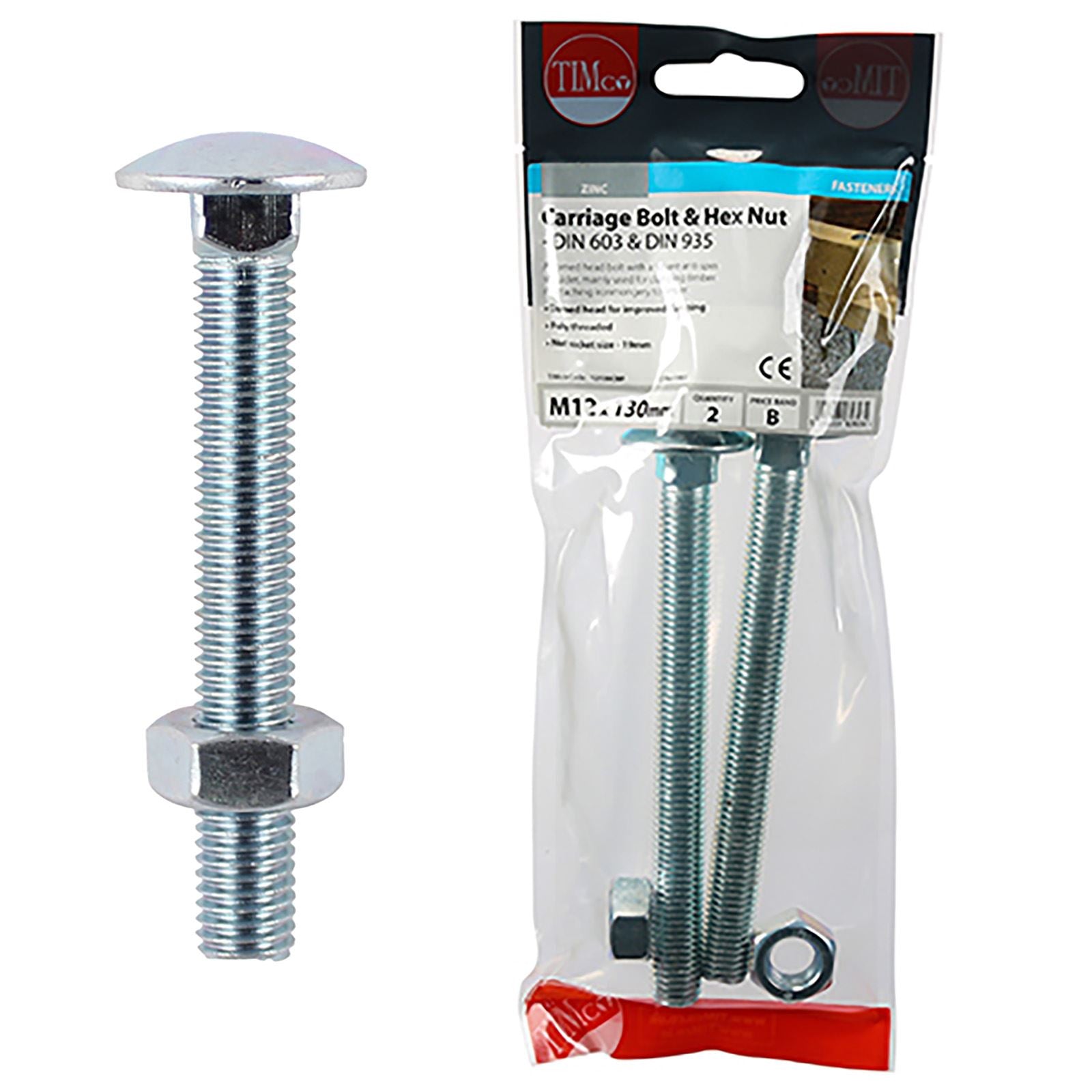 TIMCO Carriage Bolts with Hex Nuts 4.8 Grade Zinc Carbon Steel TIMpac M6-M12 - Choose Size