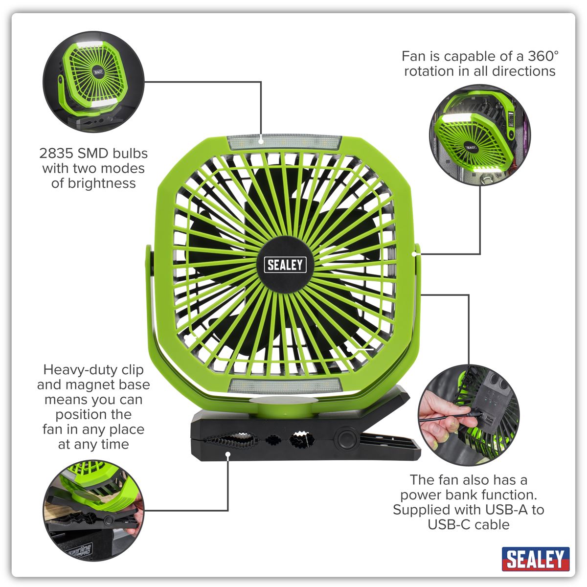 Sealey Portable Clip Fan with Worklight 8" 4 Speeds  White Rose Tools