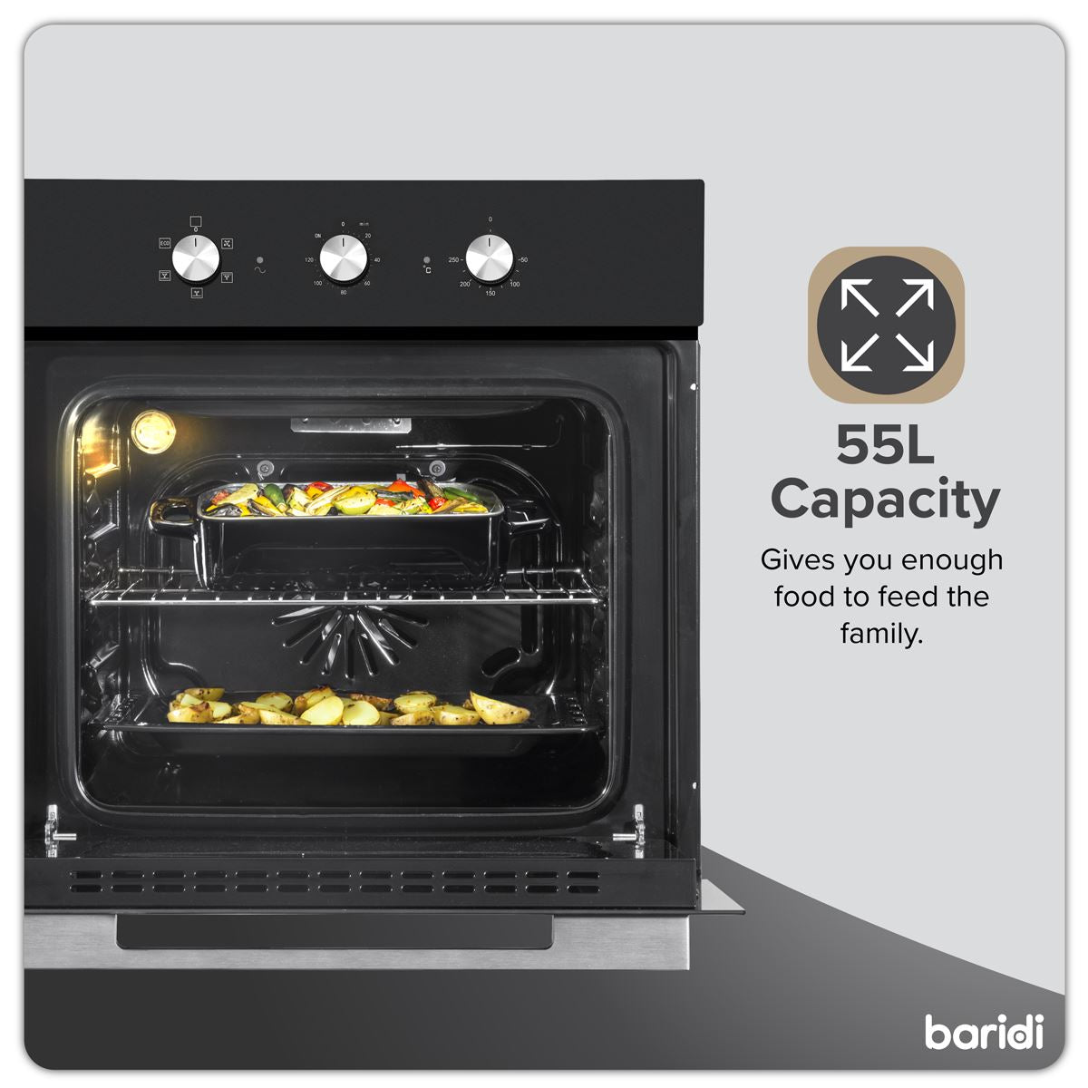 Baridi Built-In 5-Function Fan Assisted Oven with Timer 60cm, 55L Capacity - Black