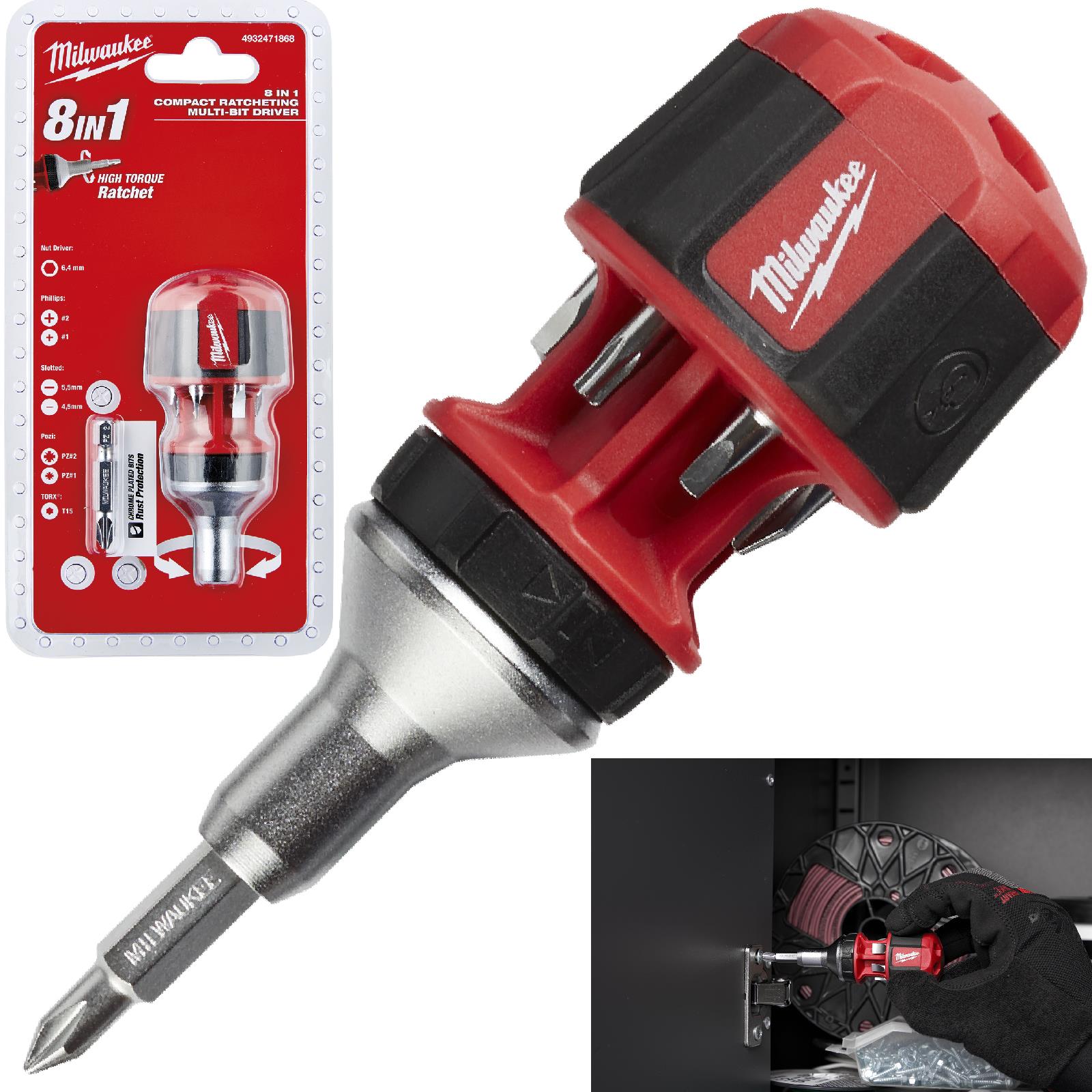 Milwaukee Compact Ratchet Screwdriver 8 in 1 Multi Bit Phillips Pozi Torx Slotted 