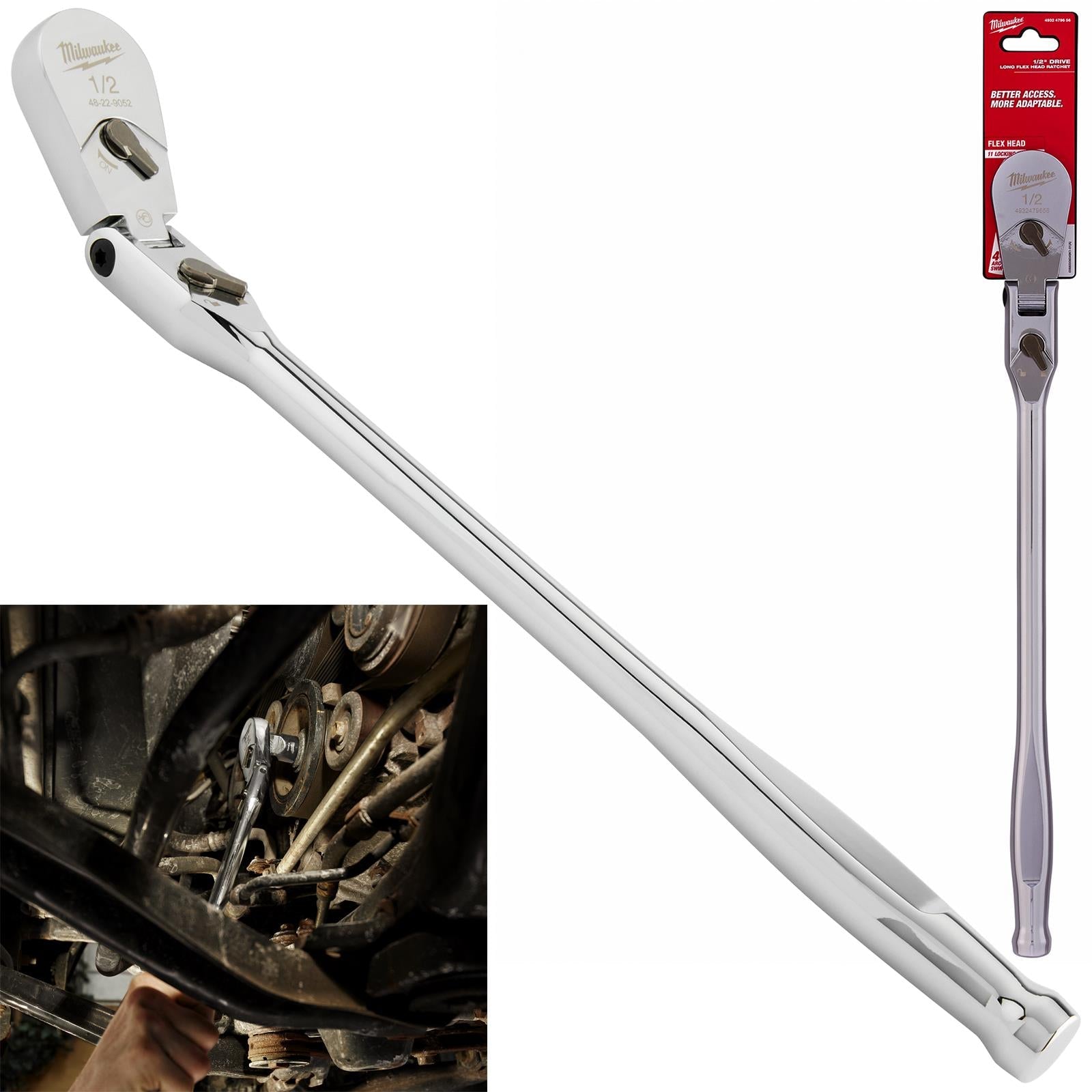 Milwaukee Socket Ratchet Wrench Long Flexible Head 1/2" Drive 90 Tooth Slim Profile Head 