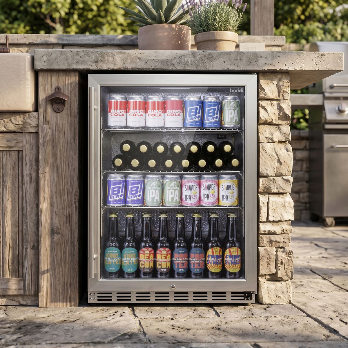 Baridi Outdoor Drinks/Beverage/Bar Fridge with Triple Glazed Door & Security Lock 150L - Stainless Steel  White Rose Tools