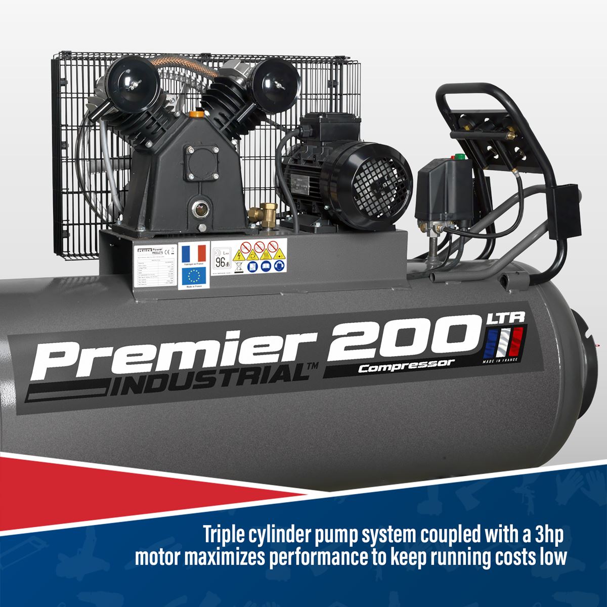 Sealey Premier 200L Belt Drive Air Compressor with Front Control Panel 3hp 415V 3ph