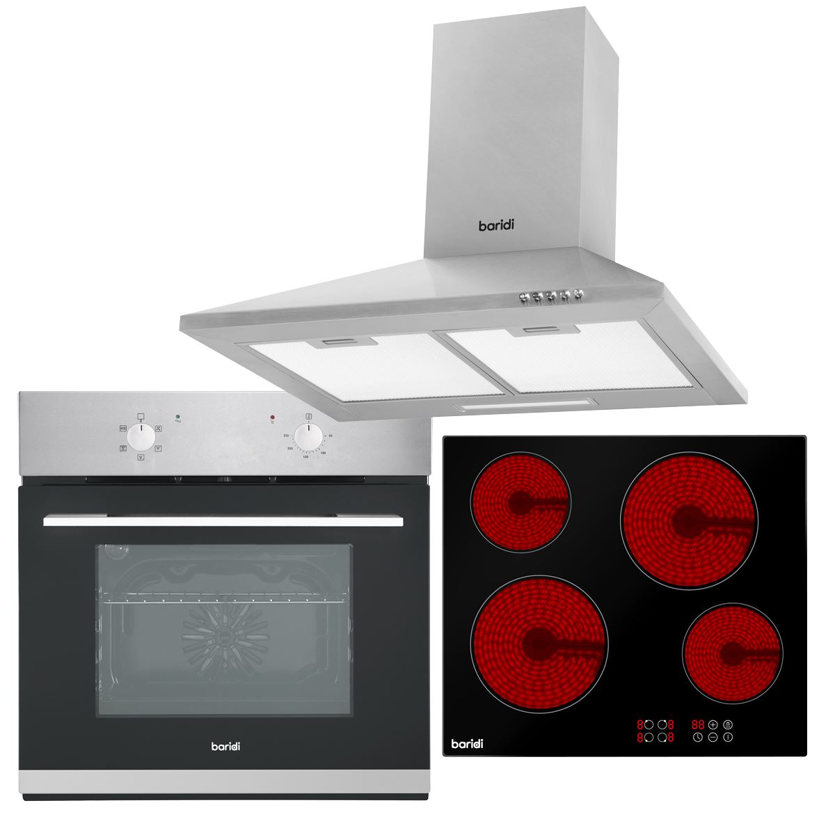Baridi 4 Zone Ceramic Hob, 5 Function Fan-Assisted Oven & Chimney Style Cooker Hood