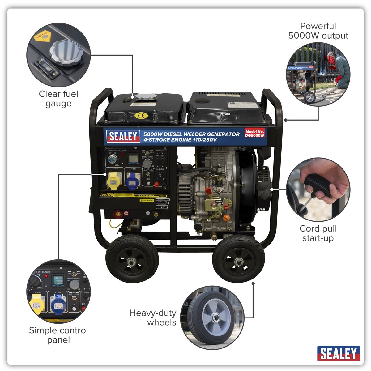 Sealey 5000W Diesel Welder Generator 4-Stroke Engine 110/230V  White Rose Tools