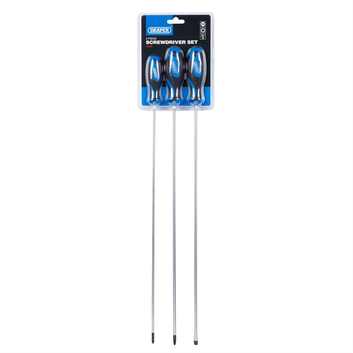 Draper Extra Long Reach Soft Grip Screwdriver Set 450mm (3 Piece) 32603  White Rose Tools