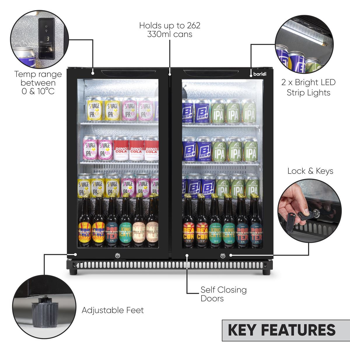 Baridi Hinged Double Door, Back Bar Drinks Fridge/Cooler, 190L Capacity