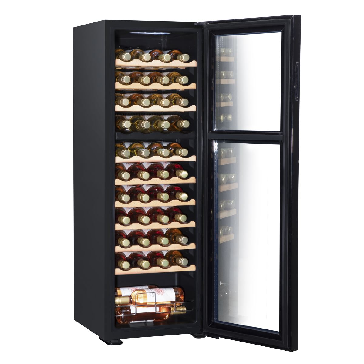 Baridi 44 Bottle Dual Zone Wine Cooler, Fridge with Digital Touchscreen Controls, Wooden Shelves & LED Light, Black