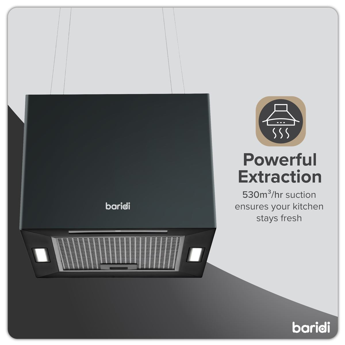 Baridi Square Island Cooker Hood 40cm - Black  White Rose Tools