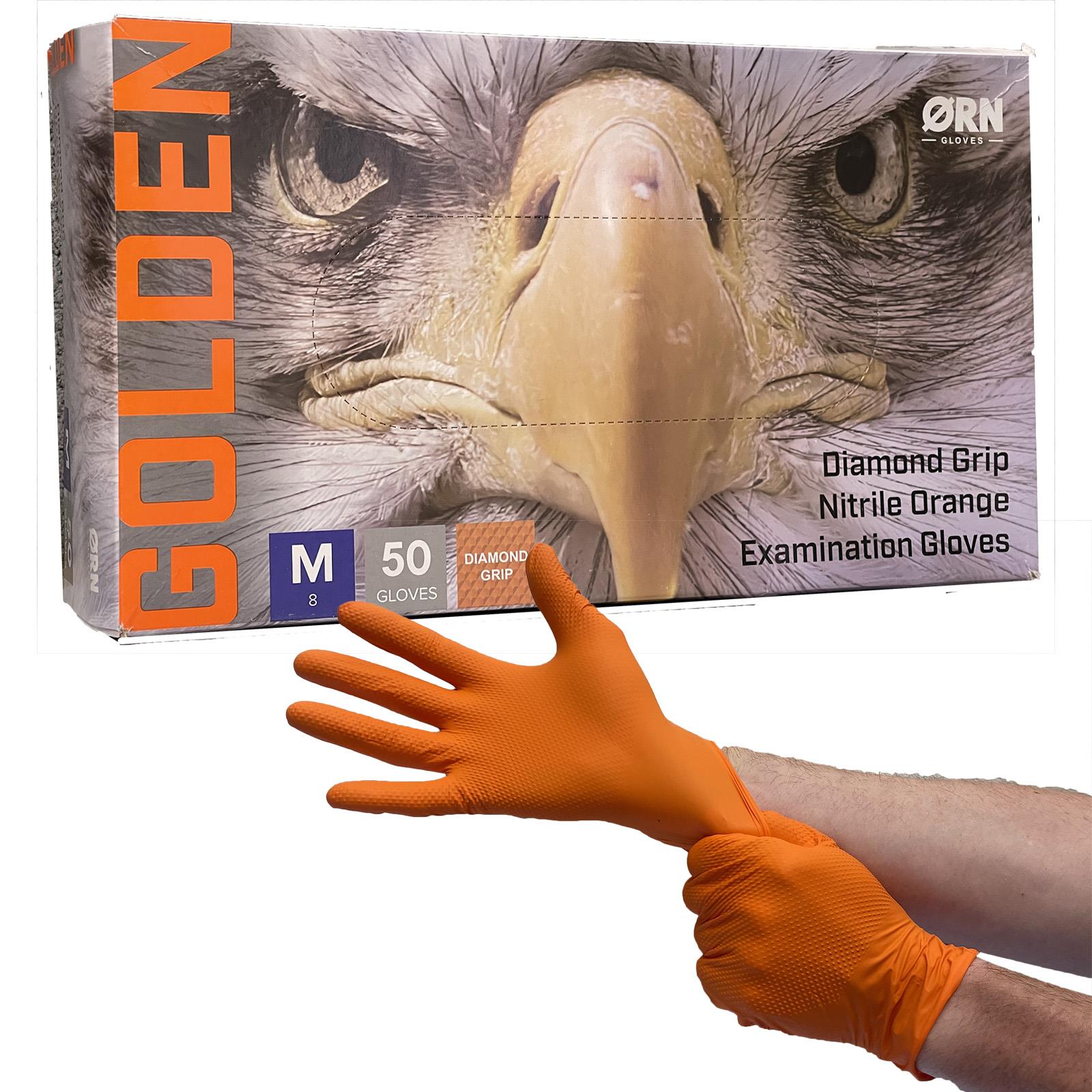 ORN Nitrile Disposable Gloves Golden Diamond Grip Orange Powder Latex Free 50 Box - Choose Size