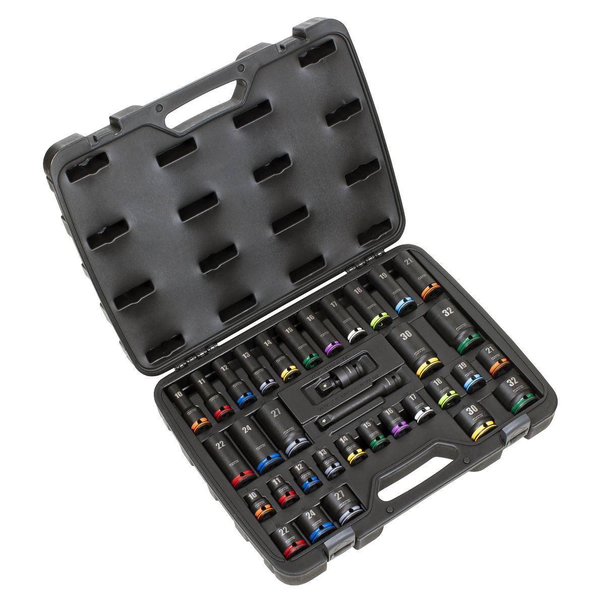 Sealey Premier Lock-On™ Standard & Deep Impact Socket Set 34pc 1/2"Sq Drive 6pt Metric  White Rose Tools
